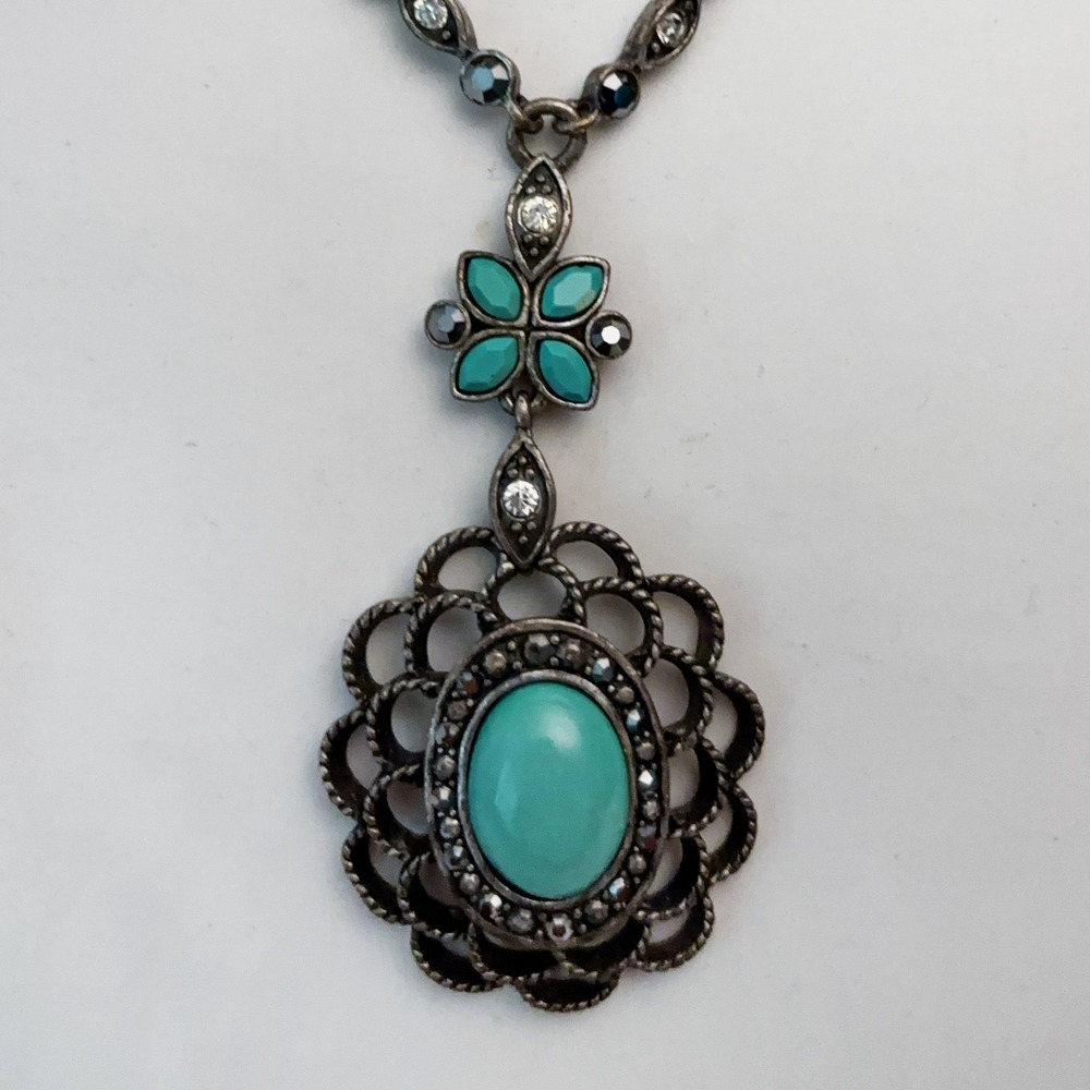 VTG 20s Victorian Style Teal Marcasite Ornate Pendant Statement Necklace